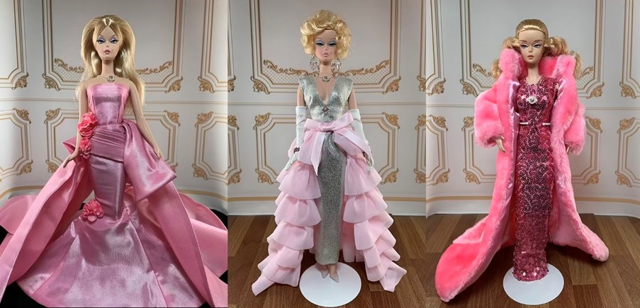 3 argyle pink barbie dolls